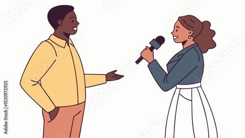 Journalist interviews concept. Mass media worker with popular personality. Man answer to questions from woman with microphone. Cartoon flat vector illustration isolated on white .