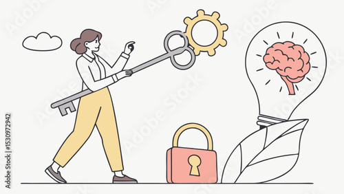 Woman holding key and certificate near brain, lightbulb, images, and lock with abstract background. Concept of intellectual property and creativity. Vector .