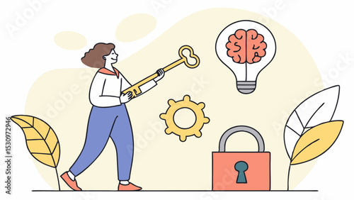 Woman holding key and certificate near brain, lightbulb, images, and lock with abstract background. Concept of intellectual property and creativity. Vector .
