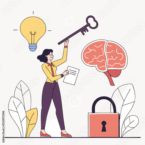 Woman holding key and certificate near brain, lightbulb, images, and lock with abstract background. Concept of intellectual property and creativity. Vector .