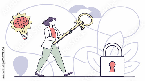 Woman holding key and certificate near brain, lightbulb, images, and lock with abstract background. Concept of intellectual property and creativity. Vector .