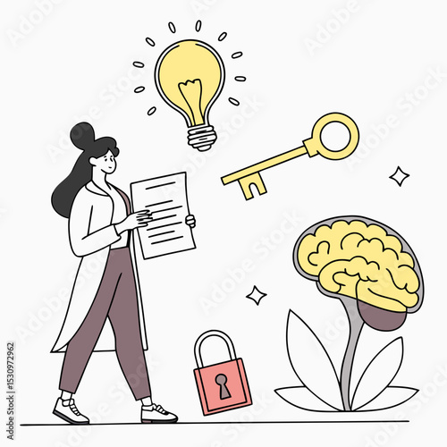 Woman holding key and certificate near brain, lightbulb, images, and lock with abstract background. Concept of intellectual property and creativity. Vector .