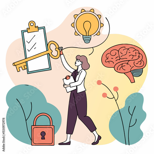 Woman holding key and certificate near brain, lightbulb, images, and lock with abstract background. Concept of intellectual property and creativity. Vector .