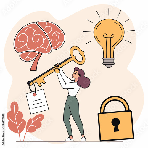 Woman holding key and certificate near brain, lightbulb, images, and lock with abstract background. Concept of intellectual property and creativity. Vector .