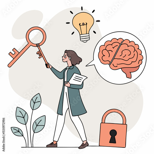Woman holding key and certificate near brain, lightbulb, images, and lock with abstract background. Concept of intellectual property and creativity. Vector .