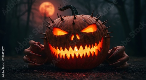 Spooky Halloween Pumpkin with Glowing Eyes and Claws in a Forest, Scary Holiday Scene
