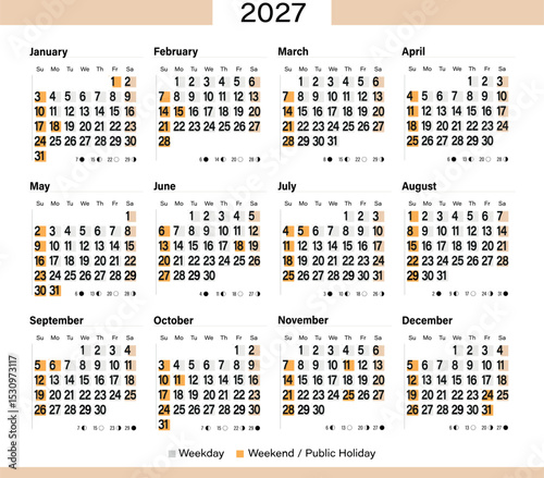 Minimal wall-calendar template for 2027 with U.S. public holidays and weekends marked — clean printable layout for yearly planning
