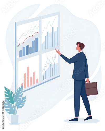 Flat vector illustration of businessman standing near futuristic holographic display showing stock market charts, financial notifications, and analytics interface in a digital office tech environment
