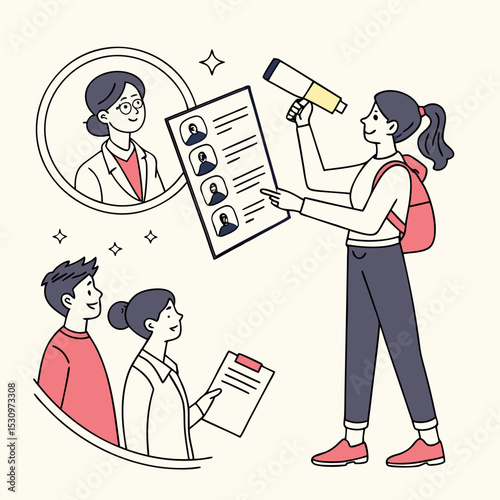 Work Hiring Concept. Young men and women send out resumes and look for vacancies to get job. Professional employees or human resources. Best candidate .