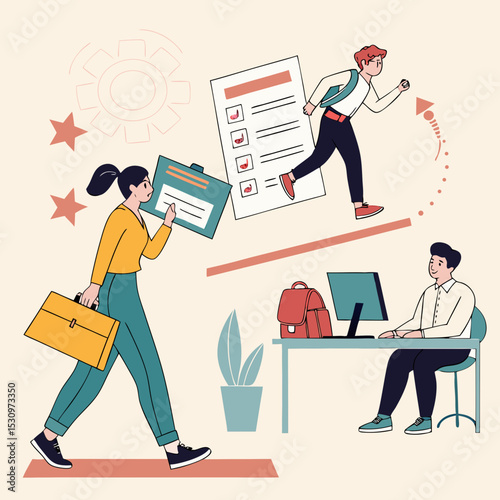 Work Hiring Concept. Young men and women send out resumes and look for vacancies to get job. Professional employees or human resources. Best candidate .