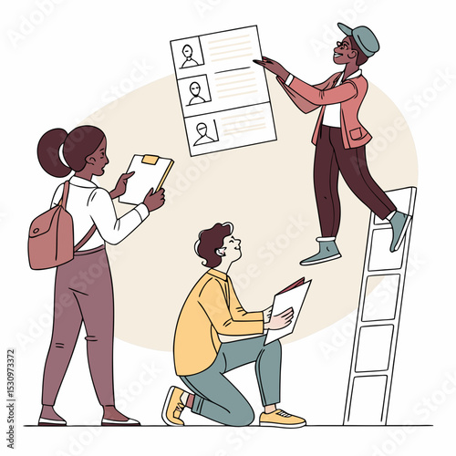 Work Hiring Concept. Young men and women send out resumes and look for vacancies to get job. Professional employees or human resources. Best candidate .