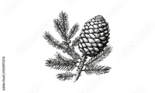 Botanical Engraving of Chamaecyparis Nutkaensis Cones and Leaves, Vintage vector design, Conifer tree illustration, Nature drawing, Forest art, Tree sketch, Eco-friendly botanical vector.