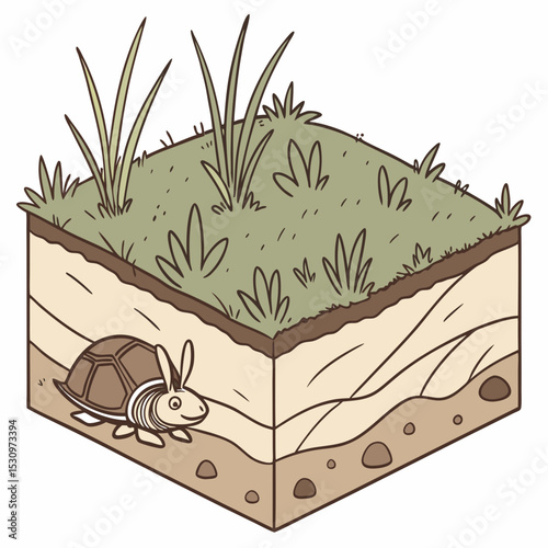 Under earth layer concept. Dirt with grass. Archeology and paleontology. Ground and soil, land. Graphic element for website. Cartoon flat vector illustration isolated on white .