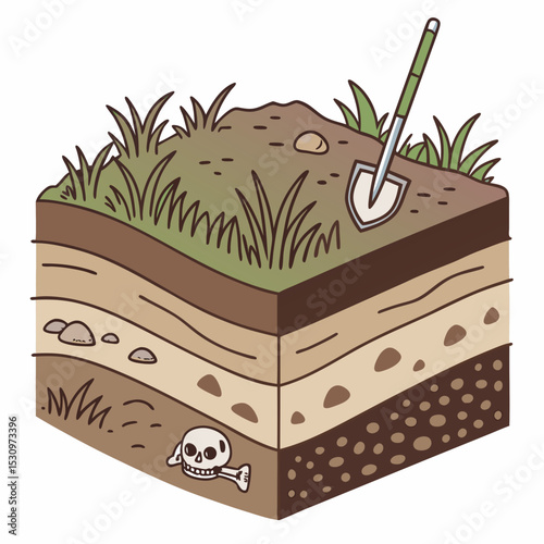 Under earth layer concept. Dirt with grass. Archeology and paleontology. Ground and soil, land. Graphic element for website. Cartoon flat vector illustration isolated on white .