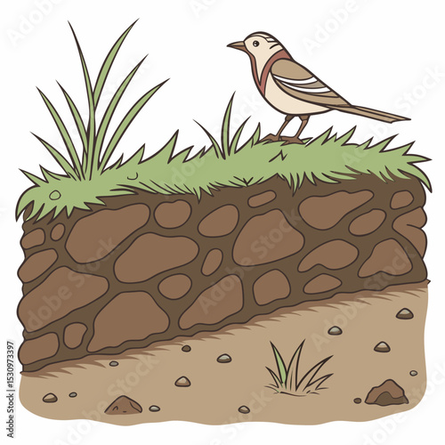 Under earth layer concept. Dirt with grass. Archeology and paleontology. Ground and soil, land. Graphic element for website. Cartoon flat vector illustration isolated on white .