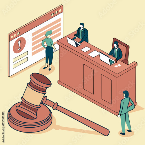 Web page of law and justice. Banner of online website page with hummer and gavel of judge in 3d isometric realistic style. Lawyer, attorney and prosecutor concept. Cartoon flat vector .