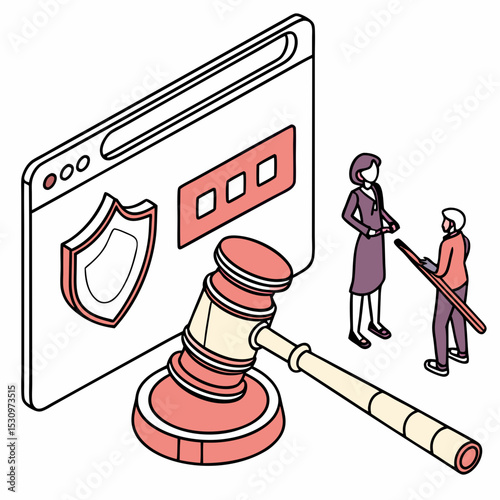 Web page of law and justice. Banner of online website page with hummer and gavel of judge in 3d isometric realistic style. Lawyer, attorney and prosecutor concept. Cartoon flat vector .