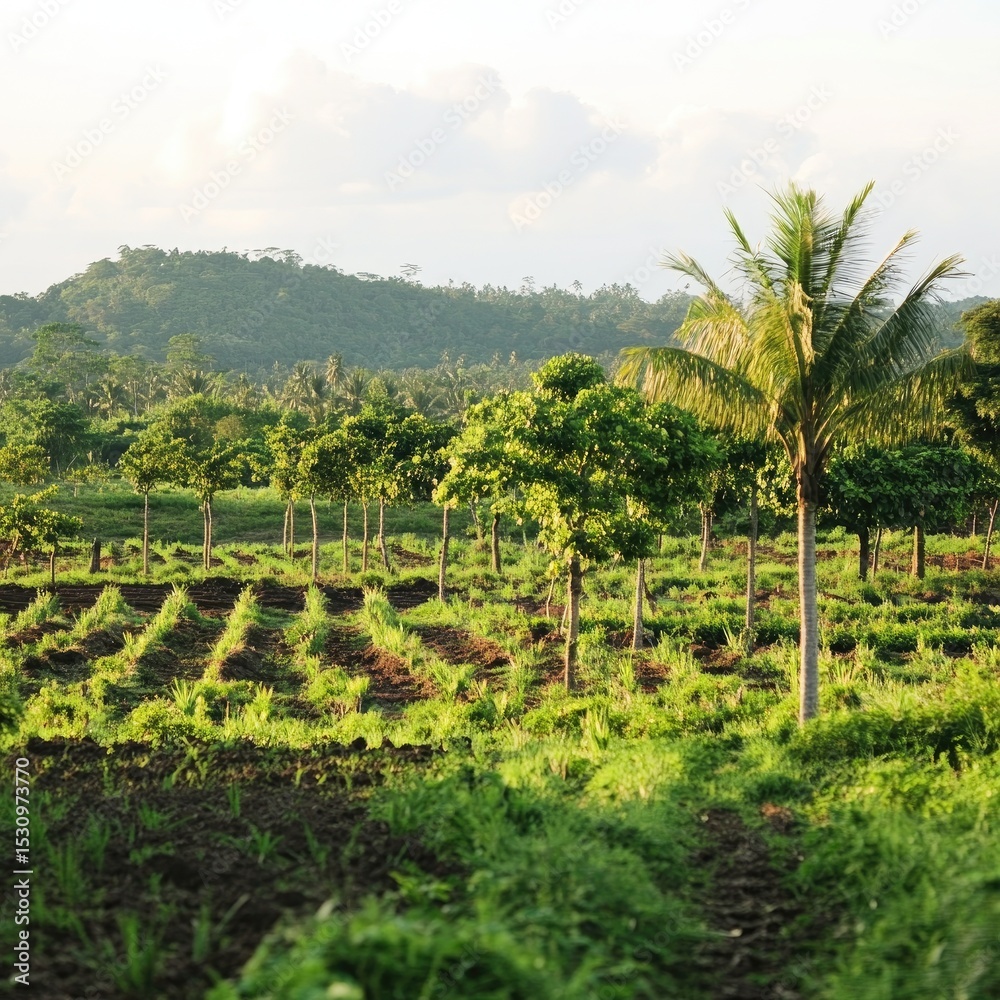 Obraz premium Lush farmland stretches towards a hazy mountain range, dotted with trees and rows of crops