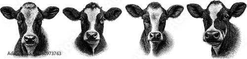 Engraved vintage illustration set of calf heads for design vector projects