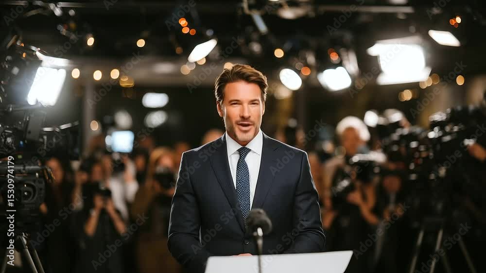 A well-dressed man gives a statement to the press, illuminated by stage lighting, with dozens of cameras pointed at him, microphones crowding the podium, and a hazy background of j