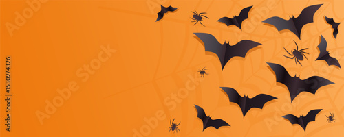 Halloween bats, spiders and web on orange background. Halloween orange background with bats and spiders on web. Festive Halloween background for design.
