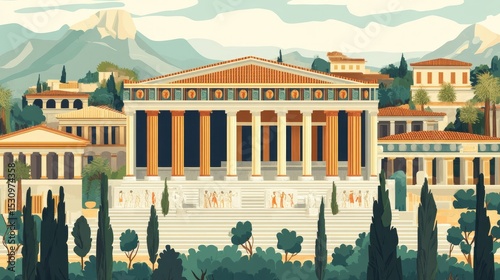 Ancient Greek Cityscape: A Majestic Temple and its Surroundings