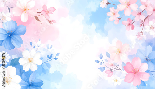Pastel Watercolor Flower Background Delicate Pink, Blue, and White Blossoms