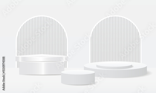 Elegant Minimalist White Podium Scene with Arched Backdrops. Perfect for Luxury Product Display , Modern Branding. 3D white podium White background with light and shadow. Luxury Fashion Stage Mockup.