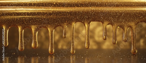 Golden syrup dripping from a shiny surface