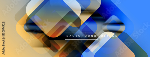 Abstract geometric shapes overlap. Blue, orange hues dominate design. Modern aesthetic, clean lines create dynamic visual impact.