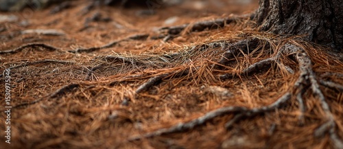 Roots mix with pine needles in the forest