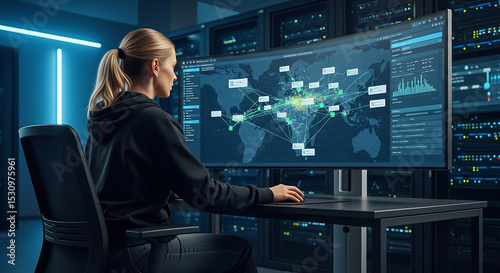 A female cybersecurity expert monitors global network activity on a large curved monitor within a server room.