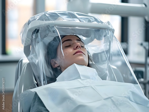 A patient reclines in a dental chair, a protective bib over their chest, capturing a focused moment in a bright clinic.