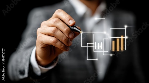 Businessman analyzing growth chart on interactive screen, datadriven strategic planning and financial performance analysis for market success photo
