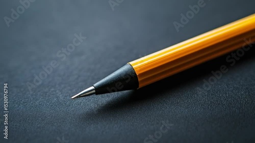 Close-up of a yellow pen tip resting on a textured black surface, ideal for stationery promotions