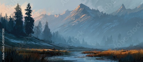 Calm water reflects mountains and trees at dawn