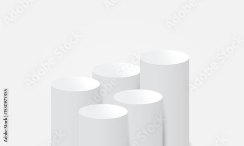 Elegant Minimalist White Podium Scene with Arched Backdrops. Perfect for Luxury Product Display , Modern Branding. 3D white podium White background with light and shadow. Luxury Fashion Stage Mockup.
