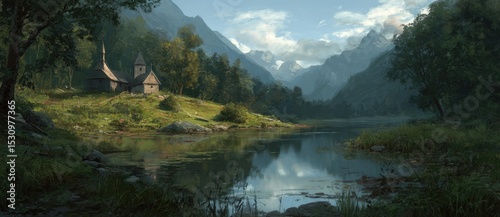Serene mountain landscape with a quiet lake view