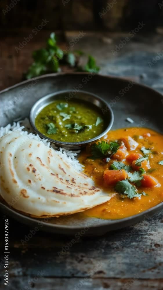 An enticing plate of Indian food including pita bread, rice, and a spicy curry sauce garnished with herbs.