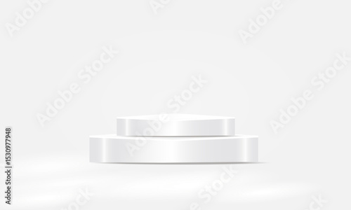 Elegant Minimalist White Podium Scene with Arched Backdrops. Perfect for Luxury Product Display , Modern Branding. 3D white podium White background with light and shadow. Luxury Fashion Stage Mockup.