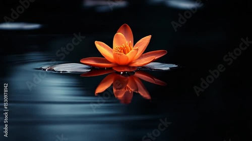 Vibrant orange lotus flower floating serenely on dark water with gentle ripples in the background