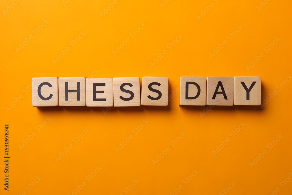 Obraz premium Chess Day message on wooden blocks, orange background