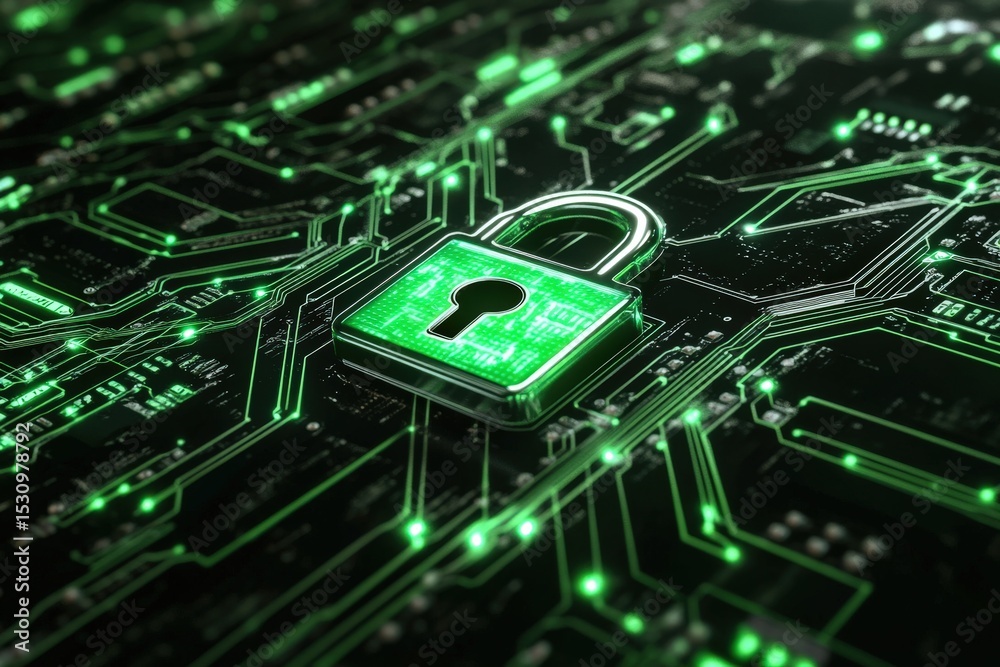 Fototapeta premium Green padlock icon on a circuit board.