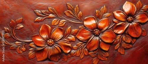 Carved floral design on leather in vibrant colors