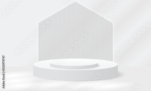 Elegant Minimalist White Podium Scene with Arched Backdrops. Perfect for Luxury Product Display , Modern Branding. 3D white podium White background with light and shadow. Luxury Fashion Stage Mockup.
