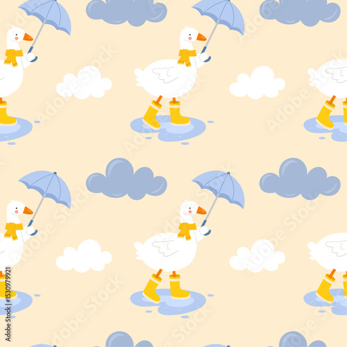 Seamless pattern with cute character, walking goose with umbrella, scarf and rain boots in nature. Funny goose, duck in the rain. Kids pattern. Hand drawn, vector, flat style.