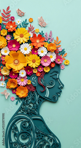 Paper art depicting woman's profile adorned with colorful flowers and butterflies, symbolizing feminine beauty, nature, and spring