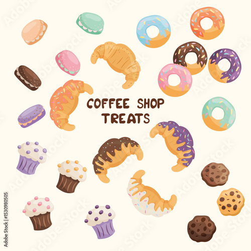 Vector dessert set for coffee shop: glazed croissants, donuts, cupcakes, macarons and cookies on light background. Great for packaging design, cafe menus, branding and marketing