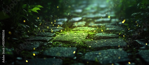 Glowing fireflies dance above the mossy stones