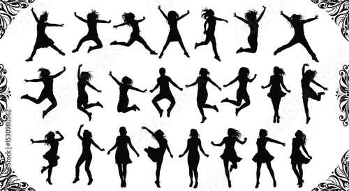 Jumping girl silhouette vector set, energetic female poses, black woman clipart, motion action art, dancing girl figure collection, illustration